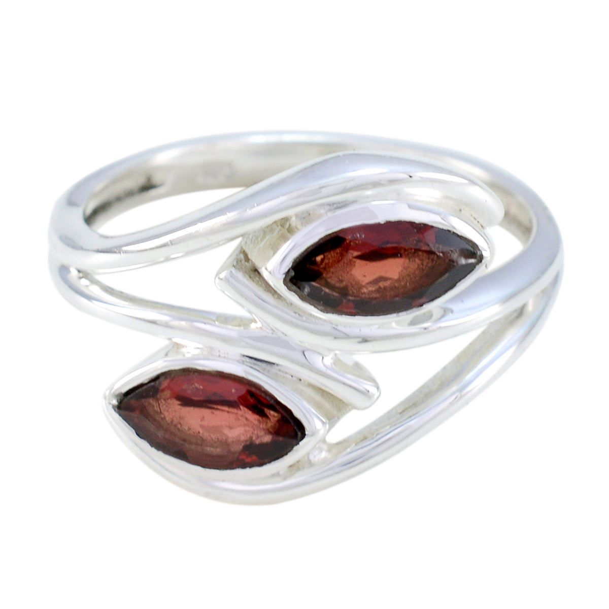 Milagros modern toi et moi ring with two marquise red gemstones set in polished silver band
