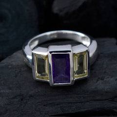 Emily modern trilogy ring with three rectangular gemstones in silver setting