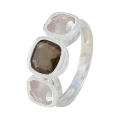 Ivy sterling silver band with three cushion gemstones smoky quartz and rose quartz modern trilogy ring for women