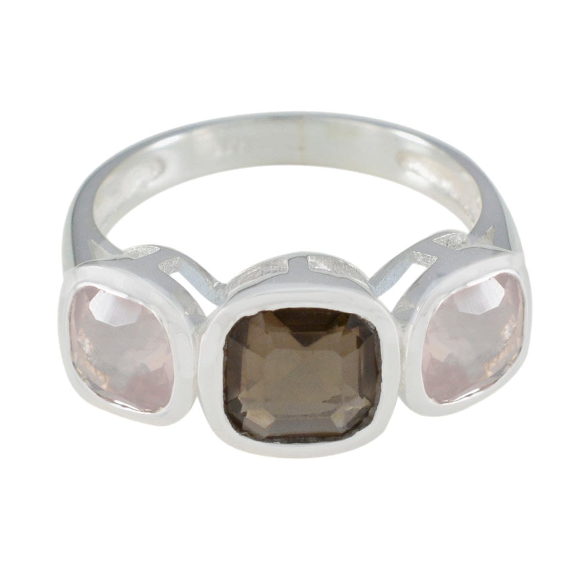 Ivy sterling silver modern trilogy ring for women with center smoky brown cushion stone and two pale pink side stones
