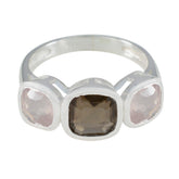 Ivy sterling silver modern trilogy ring for women with center smoky brown cushion stone and two pale pink side stones
