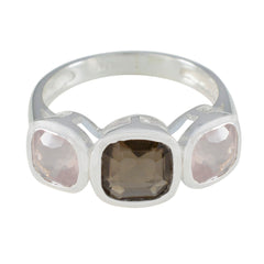 Ivy sterling silver modern trilogy ring for women with center smoky brown cushion stone and two pale pink side stones