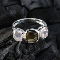 Ivy sterling silver modern trilogy ring for women with cushion smoky quartz center and two rose quartz stones