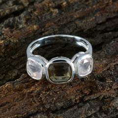 Ivy modern trilogy ring for women sterling silver with cushion center smoky gem and two rose quartz side stones