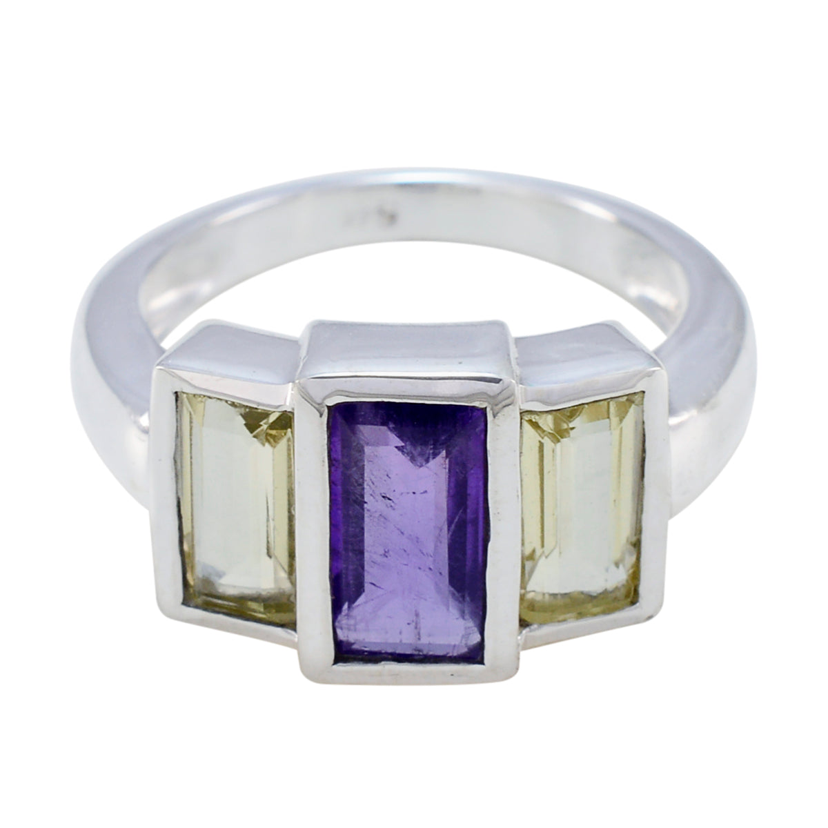 Emily modern trilogy ring with rectangular purple and light yellow gemstones set in silver band