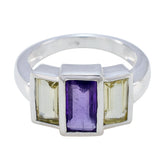 Emily modern trilogy ring with rectangular purple and light yellow gemstones set in silver band