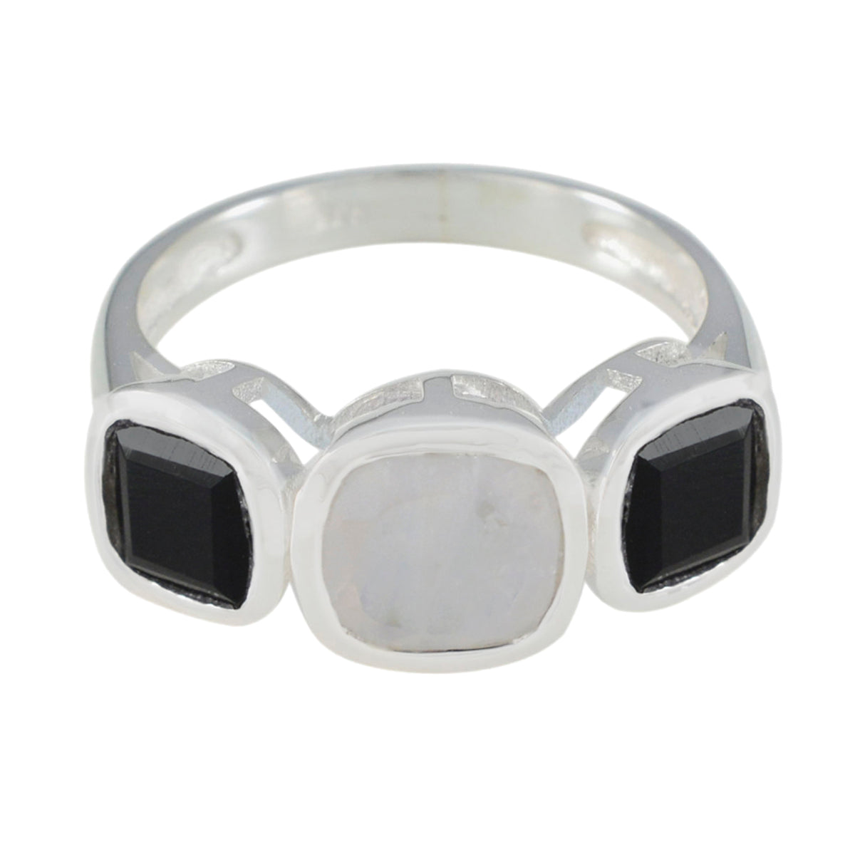 Ines silver modern trilogy ring with two black stones and one white stone in the center