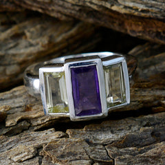 Emily modern trilogy ring with purple and clear rectangular gemstones set in silver band