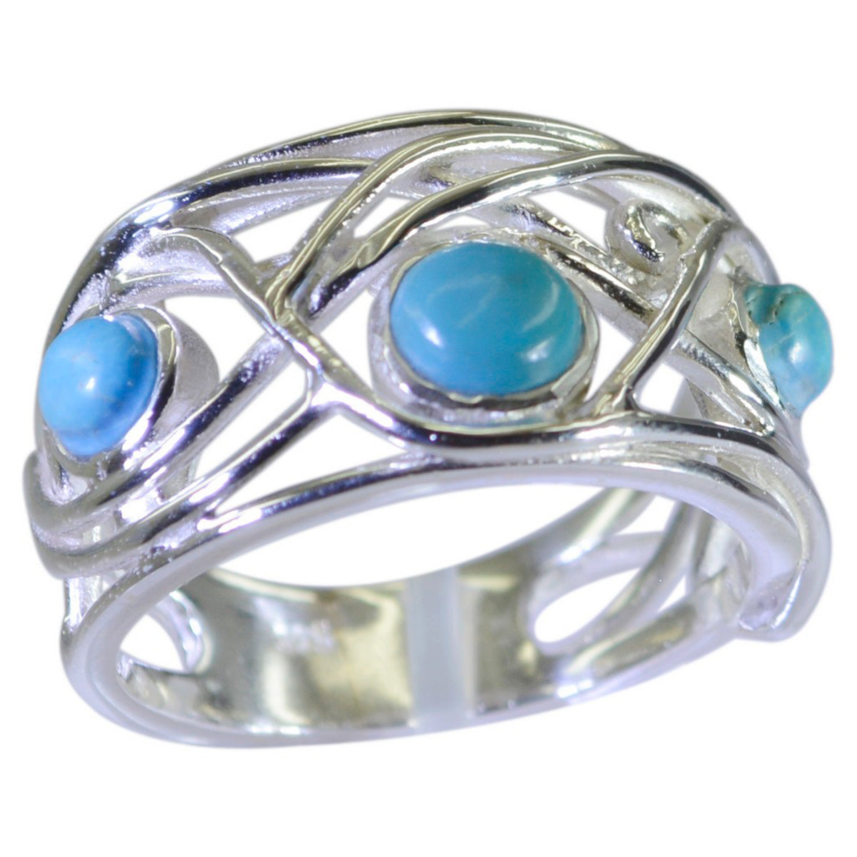 Layla modern turquoise trilogy ring with silver intricate openwork design and three turquoise stones