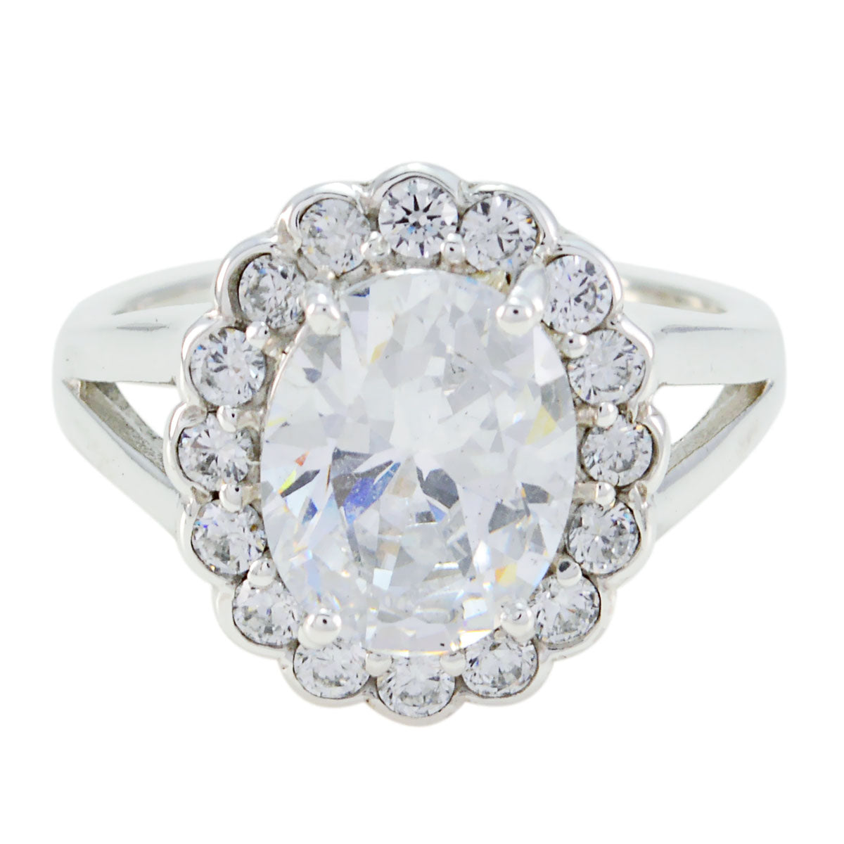 Ayesha modern white halo ring featuring an oval center stone surrounded by smaller sparkling diamonds