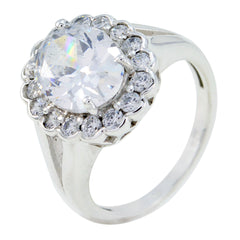 Ayesha modern white halo ring with a large central stone surrounded by smaller sparkling diamonds