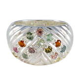 Lea silver band multicolor abstract ring with chevron rows of pastel green pink amber gemstones