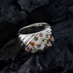 Lea sterling silver multicolor abstract ring with small colorful gemstones and sculpted swirl design