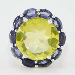 Lily multicolor cocktail ring with large yellow center stone surrounded by purple gemstones