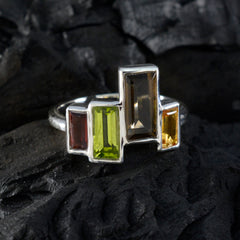Carla multicolor cocktail ring with rectangular green, brown, red, and yellow gemstones set in silver