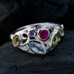 Sara multicolor cocktail ring with various colorful gemstones set in intricate silver band