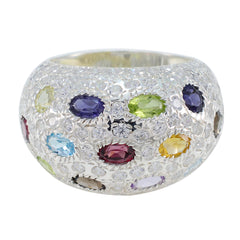 Penelope multicolor cocktail ring for women sterling silver dome band with oval gemstones and pave crystals