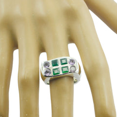 Pauline silver ring with green square stones and purple round stones multicolor cocktail ring for women on display hand