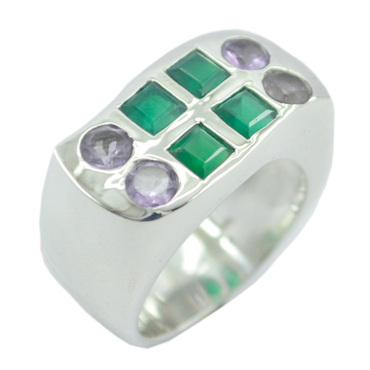 Pauline sterling silver ring with square green and round purple gems multicolor cocktail ring for women statement