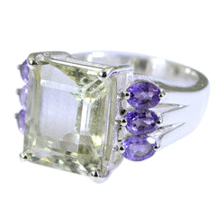 Layla multicolor cocktail ring with large square light green center stone and three oval purple side stones