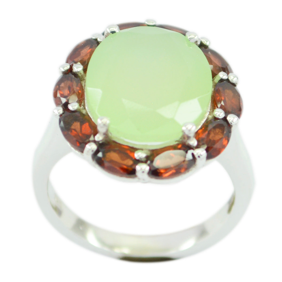 Araya multicolor cocktail ring with large pale green center stone and garnet red halo on sterling silver band