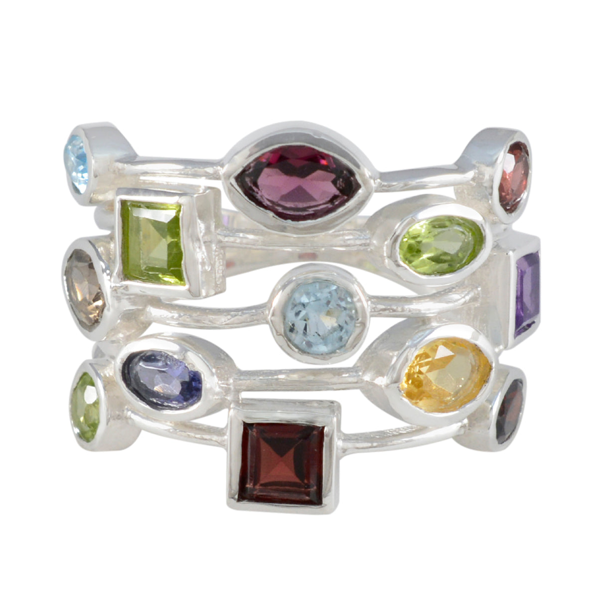 Greta multicolor cocktail ring with various colorful gemstones set in silver bands