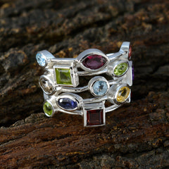 Greta multicolor cocktail ring with various gemstone shapes set in silver band