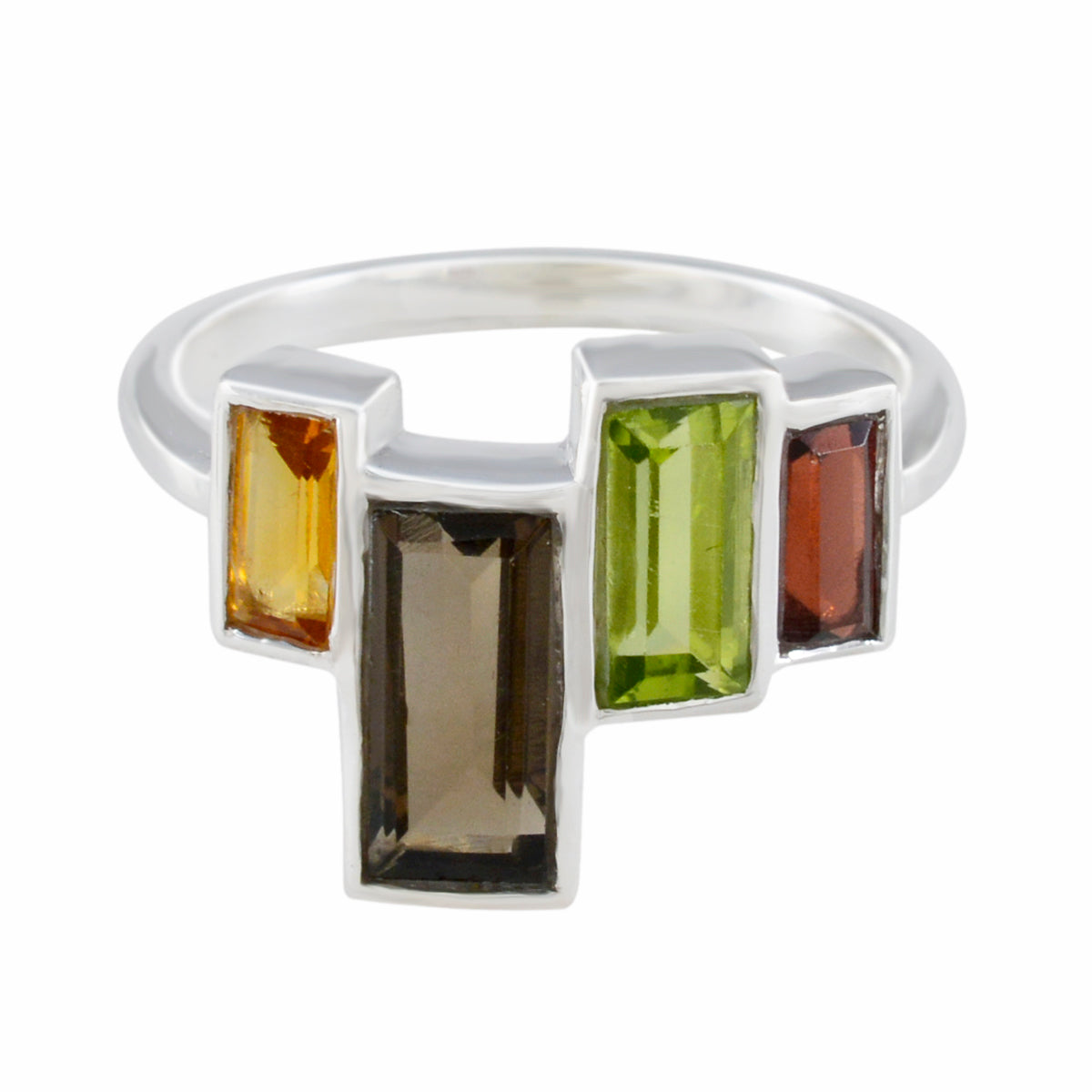 Carla multicolor cocktail ring with rectangular green, brown, orange, and red gemstones set in silver band