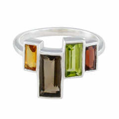 Carla multicolor cocktail ring with rectangular green, brown, orange, and red gemstones set in silver band