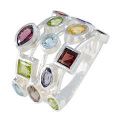 Greta multicolor cocktail ring featuring various colorful gemstones in a silver setting
