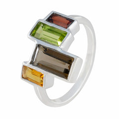 Carla multicolor cocktail ring with rectangular green, brown, yellow, and red gemstones on silver band