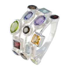 Isadora multicolor cocktail ring with various shaped colorful gemstones set in silver band