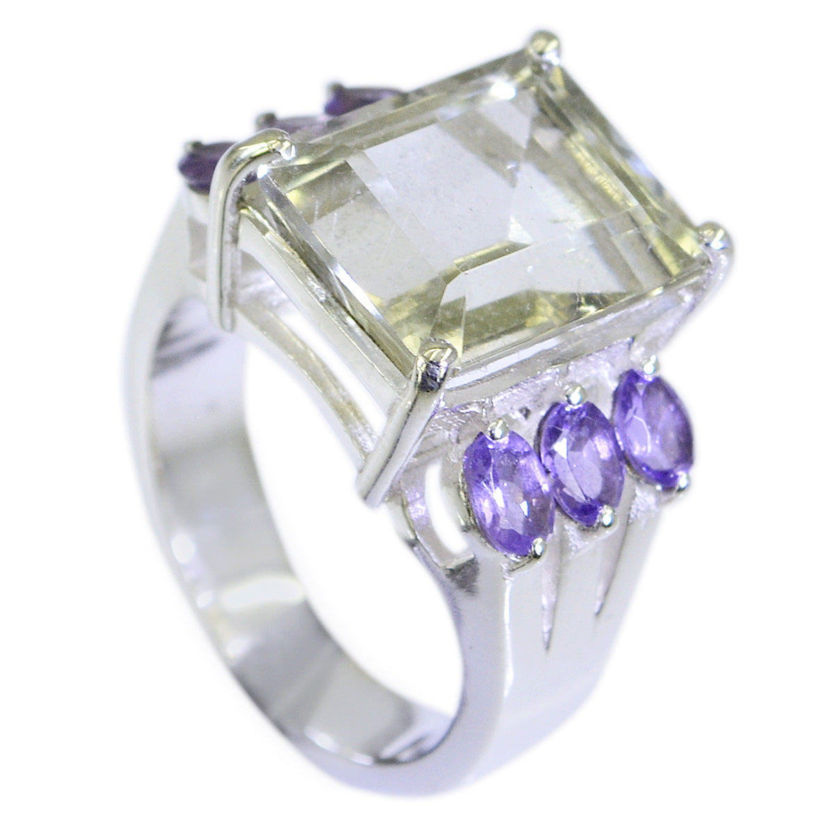 Layla multicolor cocktail ring with large clear center stone and purple side gemstones in silver band