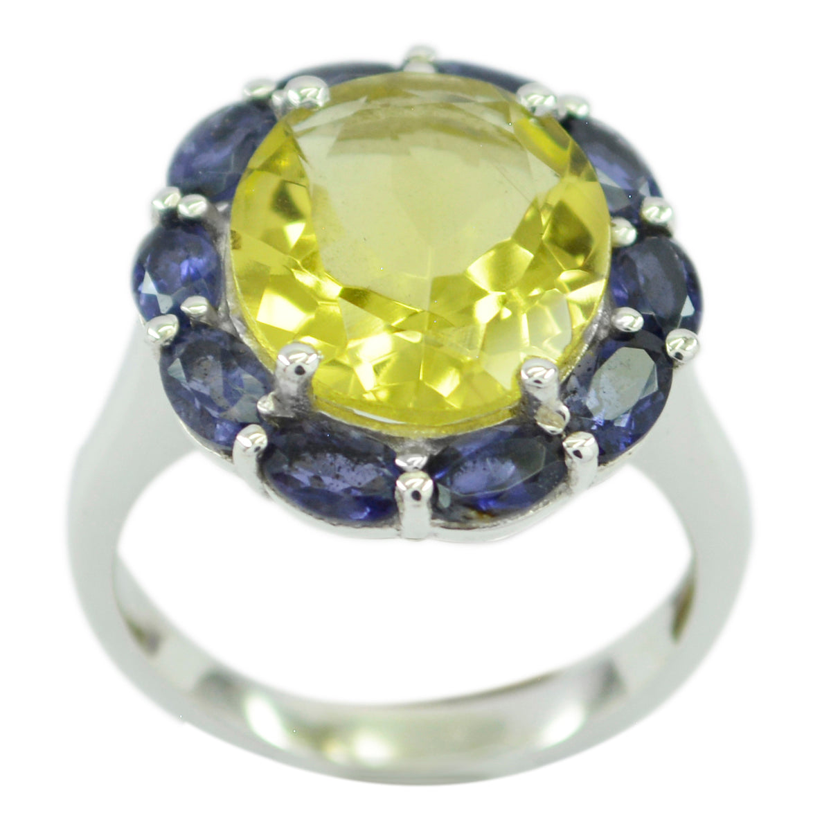 Lily multicolor cocktail ring with a large yellow center stone surrounded by smaller blue gemstones