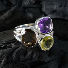 Elena sterling silver multicolor cocktail trilogy ring with amethyst smoky quartz and peridot stones