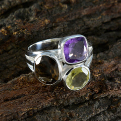 Elena sterling silver multicolor cocktail trilogy ring with purple amethyst smoky quartz and peridot