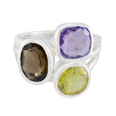 Elena sterling silver multicolor cocktail trilogy ring with amethyst smoky quartz and peridot