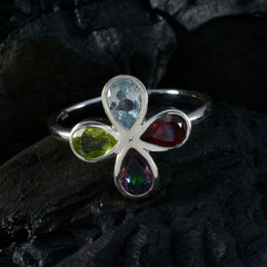 Nova multicolor floral gemstone ring with blue, red, green, and purple stones in silver setting