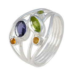 Maria multicolor gemstone abstract ring with purple, green, and orange stones set in silver band
