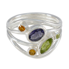 Maria multicolor gemstone abstract ring with green, purple, and amber stones set in silver band