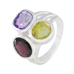 Camila sterling silver ring with amethyst peridot and garnet three stone design multicolor gemstone cocktail ring
