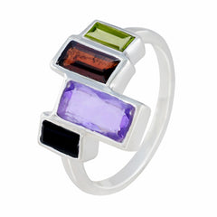 Haeun multicolor gemstone cocktail ring featuring rectangular green brown purple and black stones set in silver band