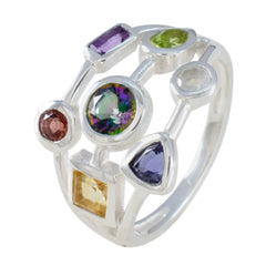 Chloe sterling silver ring with seven multicolored gems in mixed geometric settings colorful hepta stone fashion ring