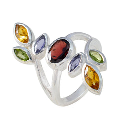 Bianca silver leaf ring with central red oval gem and yellow purple green marquise stones multicolor gemstone cocktail ring