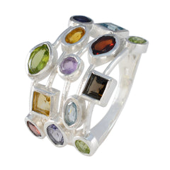 Hannah sterling silver multicolor gemstone cocktail ring with mixed shapes and vibrant green blue purple red stones