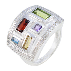 Ida multicolor gemstone cocktail ring with rectangular and square stones in silver setting