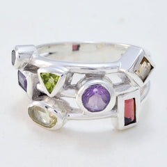 Scarlett multicolor gemstone cocktail ring featuring various shaped colorful stones set in silver band