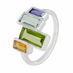 Kristine multicolor gemstone cocktail ring with rectangular green, yellow, light blue, and purple stones set in silver band