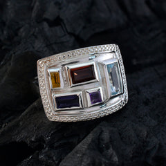 Kristine multicolor gemstone cocktail ring with rectangular stones set in silver on black background