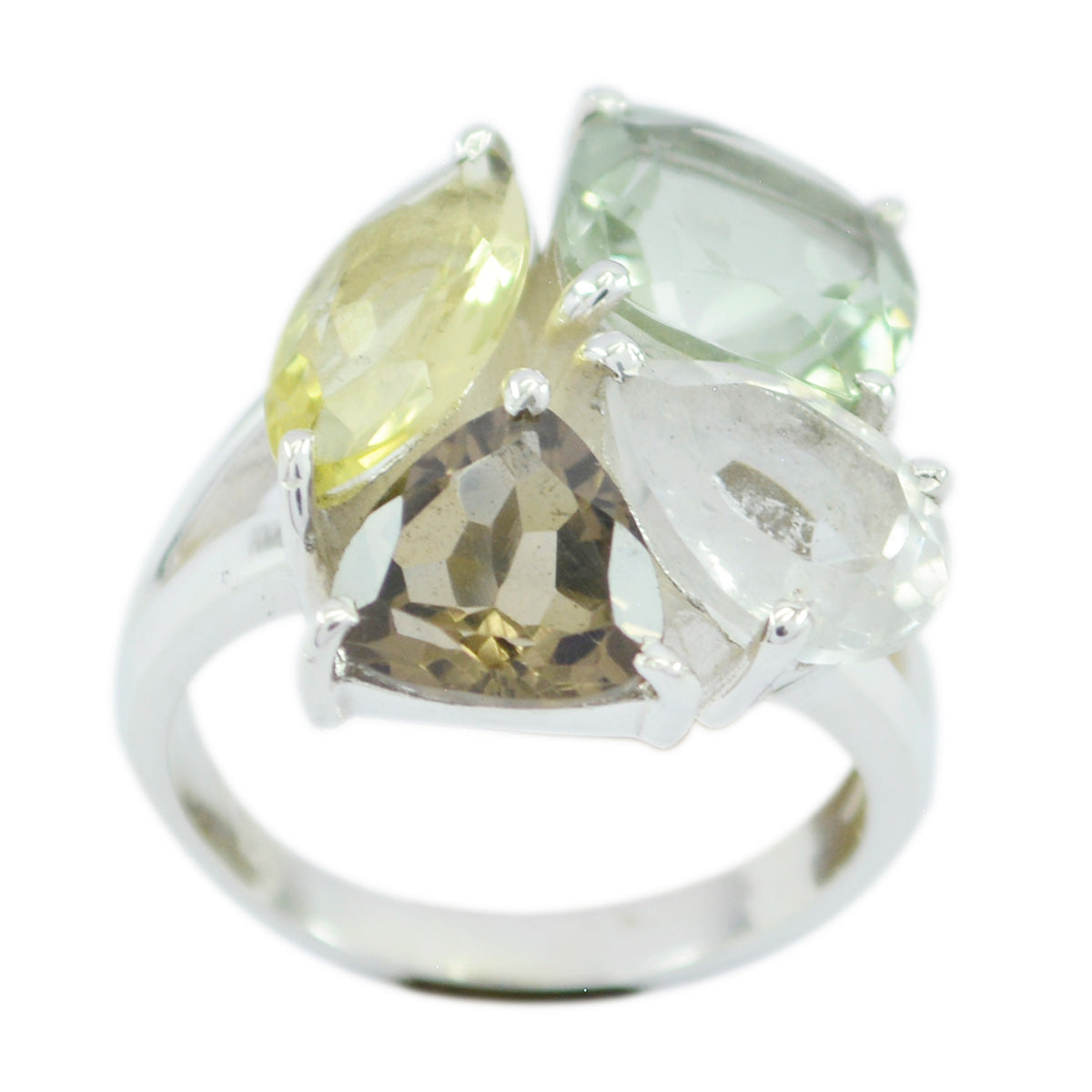 Mariana multicolor gemstone cocktail ring with four faceted pear and trillion stones in silver setting